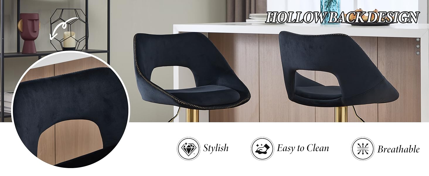 Text reads: 'Stylish, Easy to Clean, Breathable'. Two black modern dining chairs with curved backs and metal legs shown with feature icons below.
