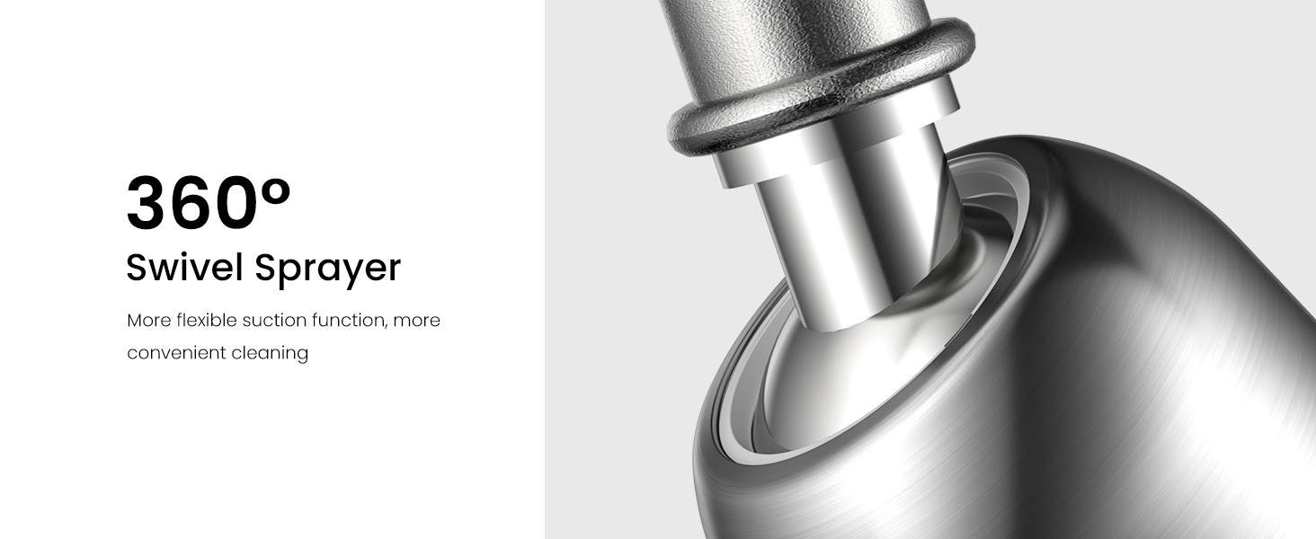 Close-up product render of a 360-degree swivel sprayer attachment in metallic silver finish, showing pivoting mechanism detail.