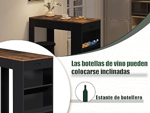con marco negro y tapa de madera. Cuenta con almacenamiento para botellas de vino, cajón y estantería abierta. Se muestra en un entorno de cocina moderno con lámpara colgante.