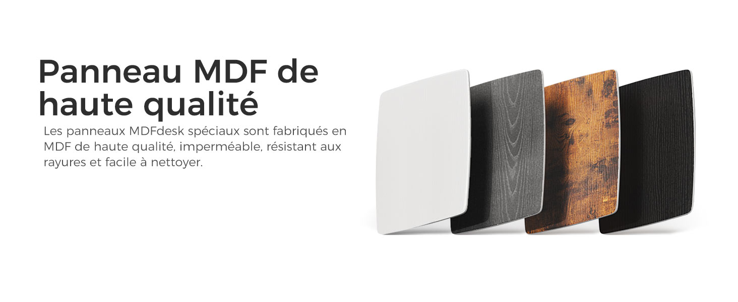 Quatre panneaux rectangulaires en MDF présentant différentes finitions : blanc, noir, grain de bois et texture rustique. Le texte décrit les propriétés de haute qualité, imperméables et faciles à nettoyer