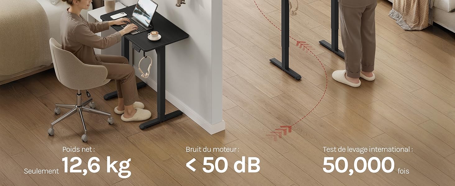 Plusieurs petites images de produits de style de vie disposées horizontalement montrant diverses caractéristiques et spécifications avec un design minimaliste.