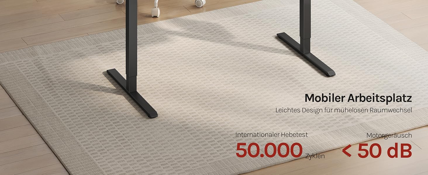 Der Text lautet „Mobiler Arbeitsplatz“ mit den Spezifikationen „50.000“ und „< 50 dB“. Schwarzer Metallständer mit beiger Arbeitsfläche für den Garten im Freien.