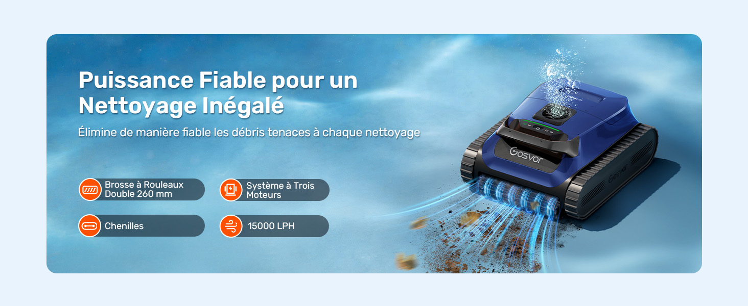 Le texte se lit comme suit : « Puissance Fiable pour un Nettoyage intégral » avec les icônes et les caractéristiques des produits affichées. Graphique bleu affichant les spécifications et les avantages de la puissance nettoyante avec des images relatives à l'eau et au nettoyage.