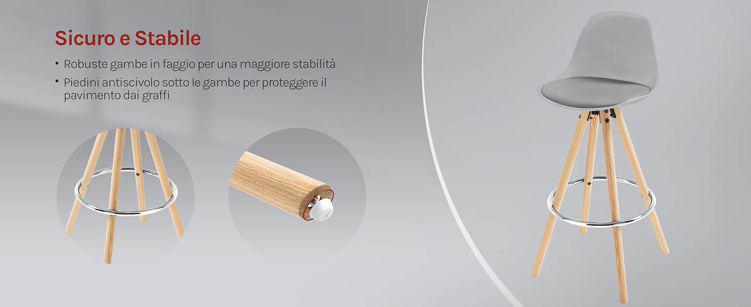 Sgabello da bar moderno con seduta grigia, gambe in legno e poggiapiedi in metallo. Dettaglio del connettore per le gambe. La vista completa mostra un design elegante