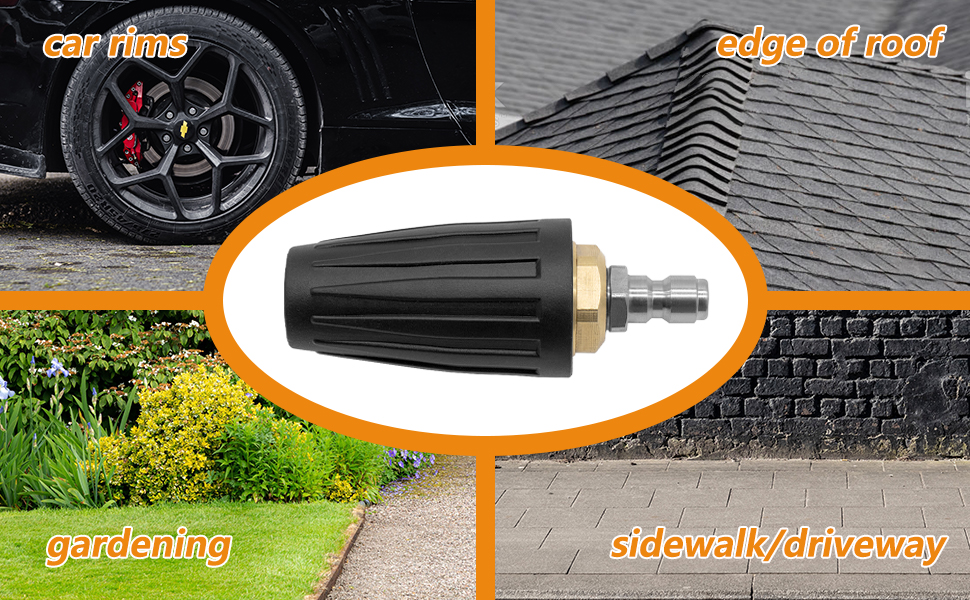 Pressure washer nozzle with black, ridged exterior and metal tip. Surrounded by images showing various cleaning applications: car rims, roof edges, gardening, and sidewalks/driveways.