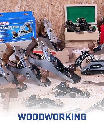 Text reads 'WOODWORKING'. Collection of vintage hand planes and woodworking tools displayed on textured surface.