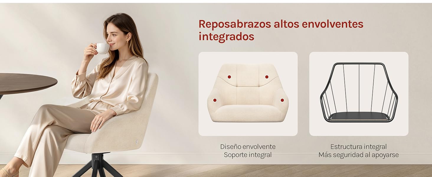El texto dice «Reposabrazos altos envolventes integrados» y «Espuma de espuma de 5 cm de grosor» y «Estructura única». Silla tapizada en color beige que se muestra desde varios ángulos con un diseño de reposabrazos altos integrados.