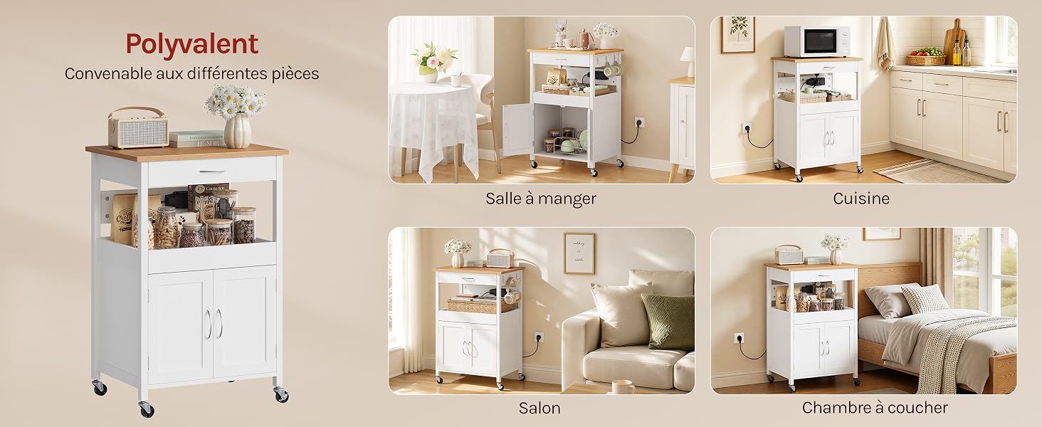 Le texte indique « Polyvalent », « Generar un espacio es cuestión de stylo ». Meubles de rangement modulaires blancs répartis en six scènes : cuisine, salon, chambre à coucher, bureau et espaces organisés.