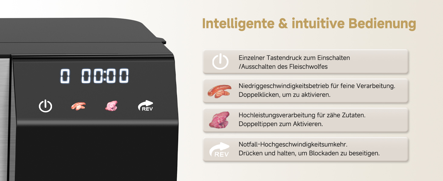 Digitalanzeige eines Geräts mit Zeit- und Funktionssymbolen. Der deutsche Text beschreibt intelligente und intuitive Bedienfunktionen, einschließlich automatischer Abschaltung und Rezeptvoreinstellungen