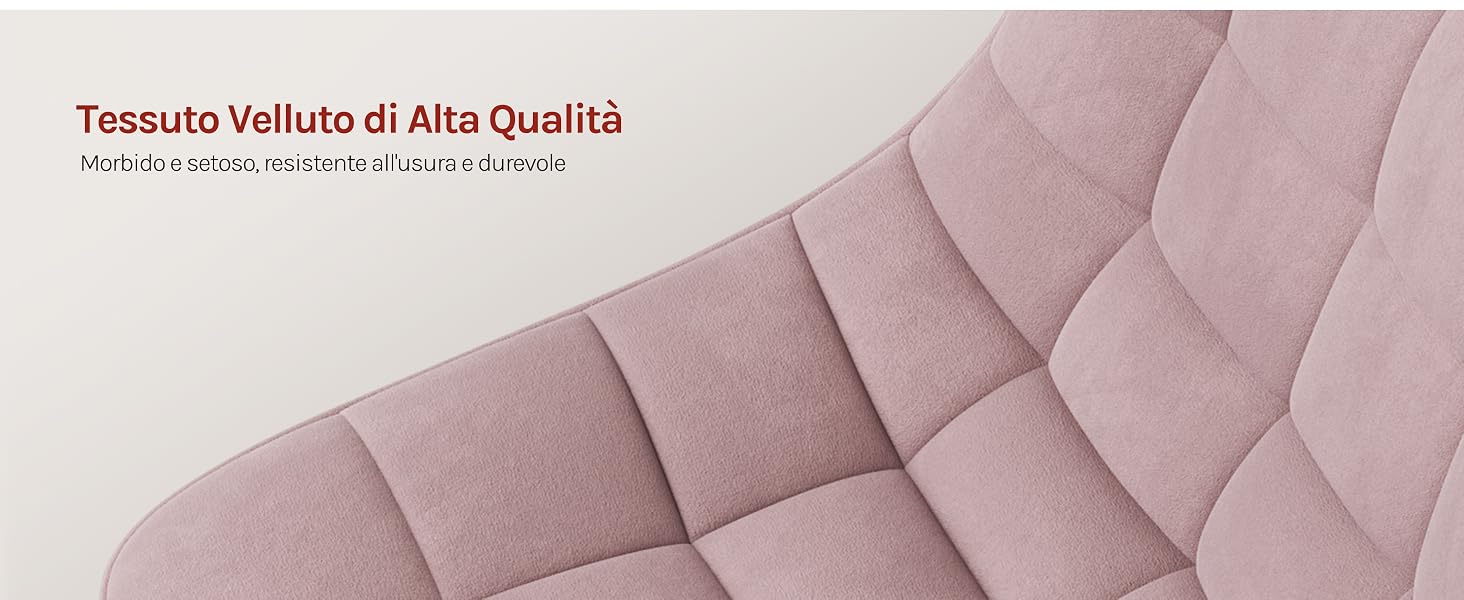 Il testo recita «Tessuto Velluto di Alta Qualità». Dettaglio del rivestimento in velluto rosa con motivo trapuntato a rombi che mostra una trapuntatura dettagliata.