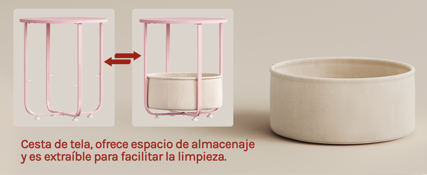 El texto dice «Cesta de tela, ofrece espacio de almacenamiento y es extraíble para facilitar la limpieza». Se muestra un marco de almacenamiento de alambre rosa con un cuenco de cerámica.