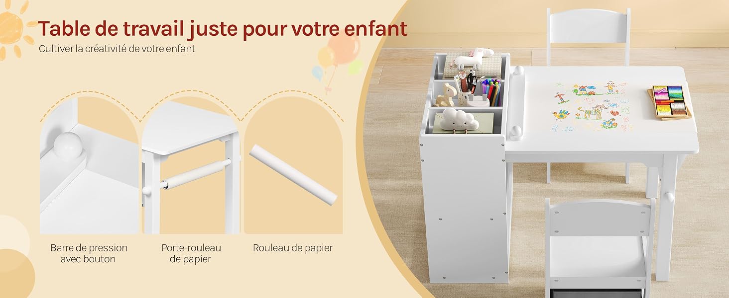 Le texte se lit comme suit : « Table de travail liste pour votre enfant ». Plusieurs vues d'un bureau et d'une chaise blancs pour enfants, présentées sous différents angles.