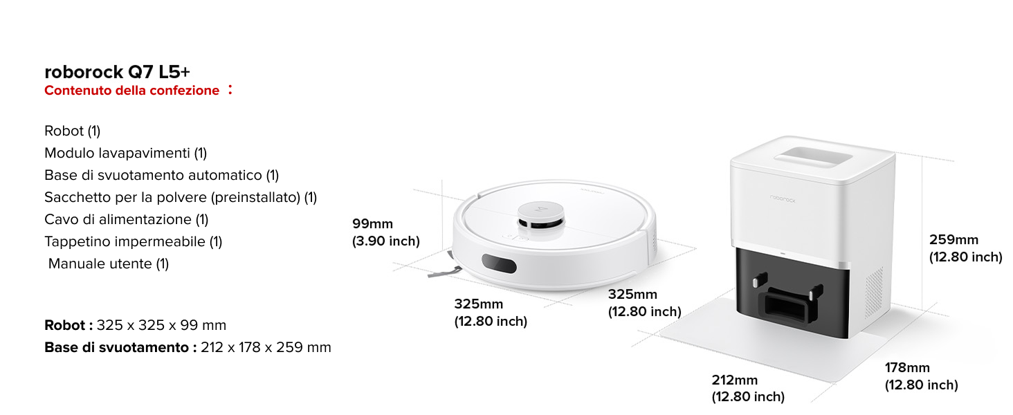 Aspirapolvere robotico bianco con design circolare. Dimensioni mostrate: altezza 350 mm, larghezza 350 mm, profondità 98 mm. Le caratteristiche aggiuntive includono serbatoio d'acqua