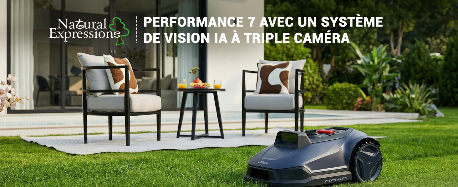 Le texte se lit comme suit : « Natural Expressions PERFORMANCE 7 AVEC UN SYSTÈME DE VISION IA À TRIPLE CAMÉRA ». Mobilier de patio extérieur avec système de caméra présenté sur la pelouse.