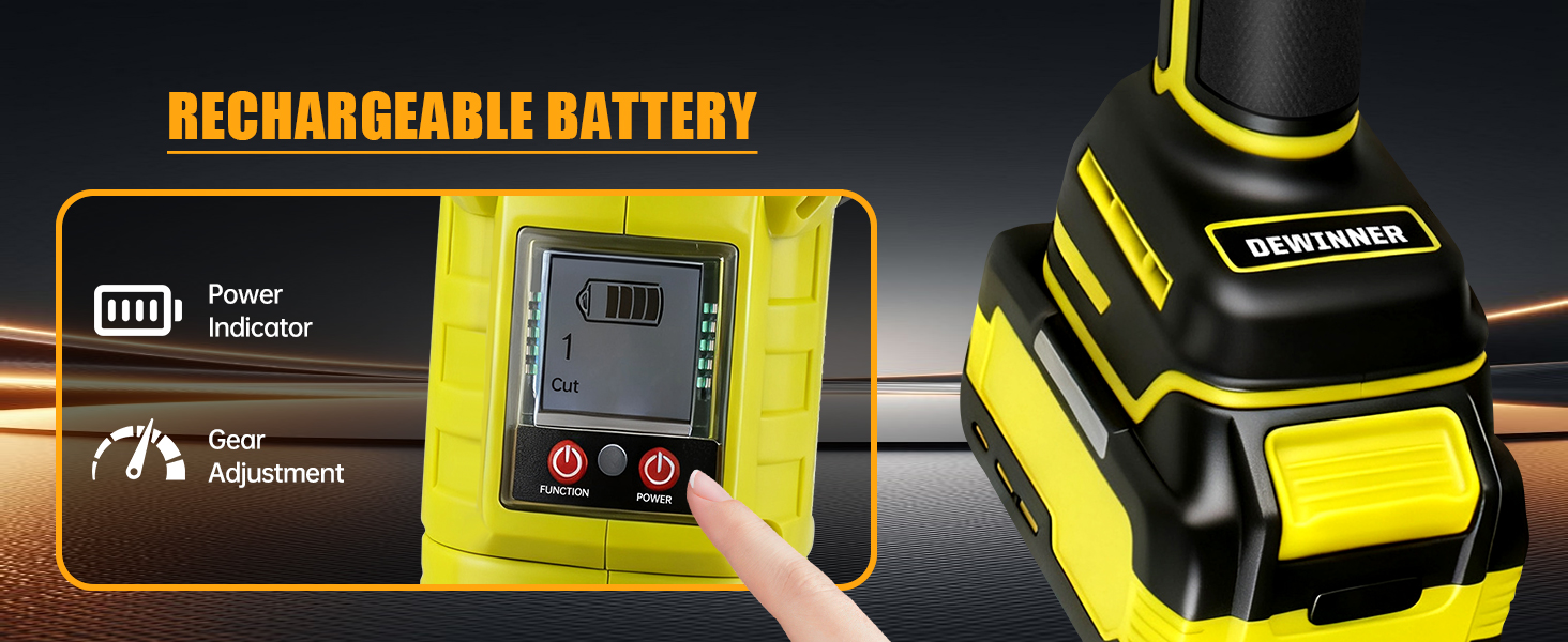 Le texte indique « BATTERIE RECHARGEABLE ». Produit présentant des composants d'outils électriques jaunes et noirs avec affichage numérique et voyants de batterie.