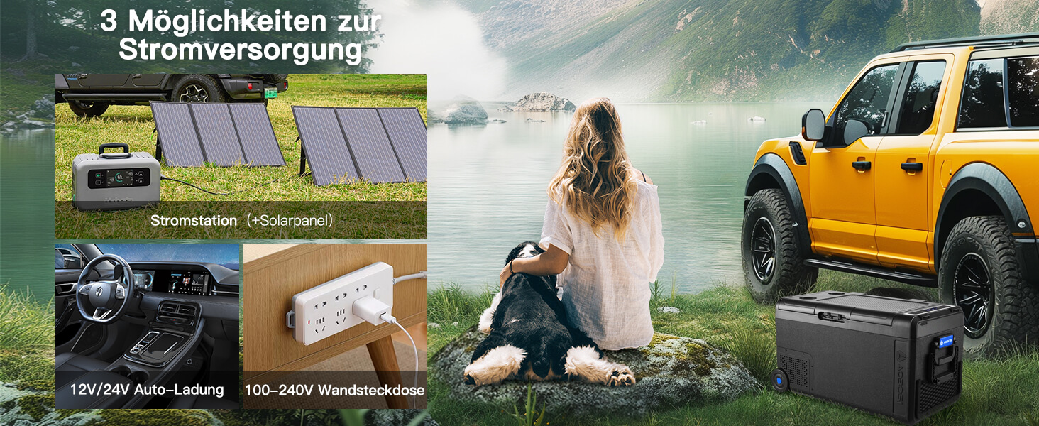 Collage mit Sonnenkollektoren, Stromspeicherlösungen und Abenteuerszenen im Freien mit einem gelben Geländewagen