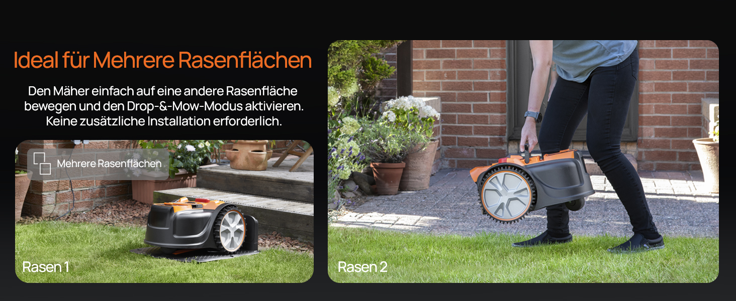 Reihe von Anleitungsbildern, die den Betrieb oder die Wartung des Rasenmähers demonstrieren, wobei eine Person im Freien mit Geräten arbeitet.
