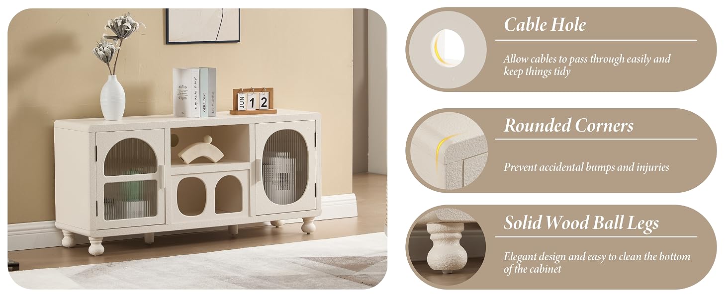 Text reads 'Cable Hide, Rounded Corners, Solid Wood Pull Legs'. White wooden media console with arched openings, decorative vases on top against beige wall.