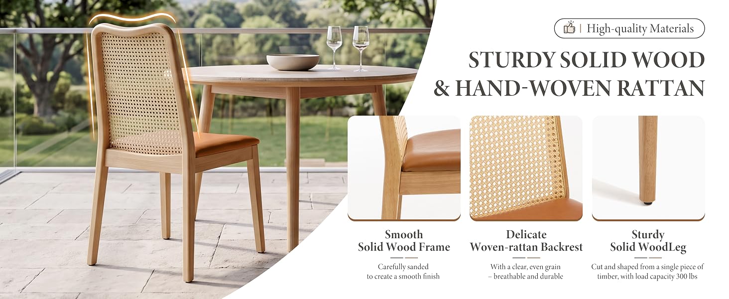 Text reads 'STEREO SOLID WOOD & HAND-WOVEN RATTAN'. Outdoor furniture set showcasing wooden chair with woven rattan backrest and seat, displayed in patio setting with neutral beige tones.