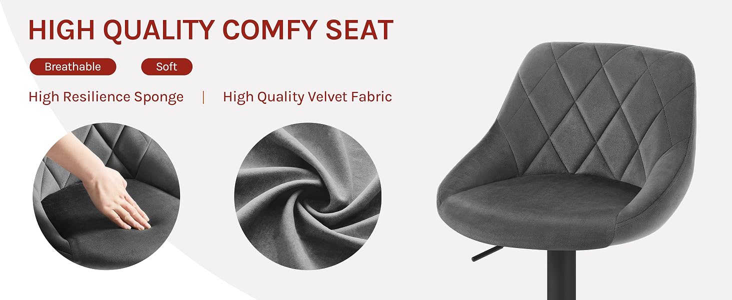 Gray upholstered chair with diamond-patterned backrest. Features high resilience sponge cushioning and high-quality velvet fabric. Adjustable height with swivel base.