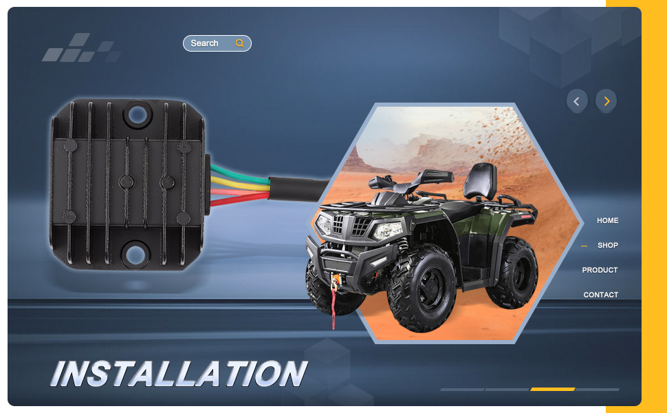 ATV voltage regulator installation diagram showing a black component and its connection to an all-terrain vehicle.