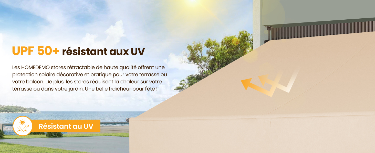 Le texte indique « Résistant aux UV UPF 50+ ». Scène extérieure montrant un équipement de protection solaire ou une couverture contre un ciel bleu avec des arbres.