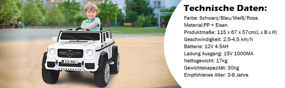 12V Kinderauto mit 2,4G-Fernbedienung, Elektroauto mit MP3, Musik, Hupe und LED-Leuchten, Jeep Auto 