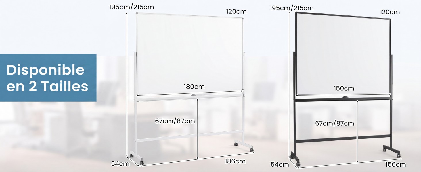 Le texte indique « Disponible en 2 tailles ». Diagrammes de dimensions techniques montrant deux variantes de taille avec des mesures en centimètres pour les spécifications de longueur, de largeur et de hauteur.