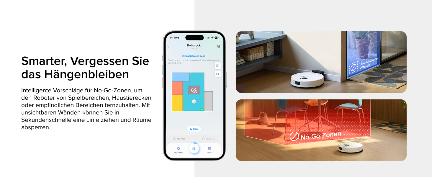 Zusammengesetztes Bild, das ein Smart-Home-System zeigt. Zeigt die Benutzeroberfläche einer Smartphone-App, intelligente Sensoren auf den Fußleisten und ein Gerät mit kreisförmigem Hub auf einem Tisch an