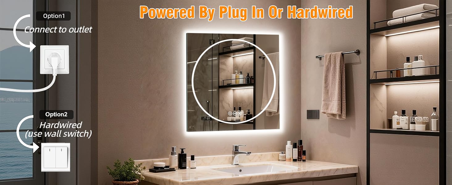 Raccolta di immagini di interior design per bagni moderni che mostrano specchi da trucco, armadi e illuminazione in ambienti in stile contemporaneo.