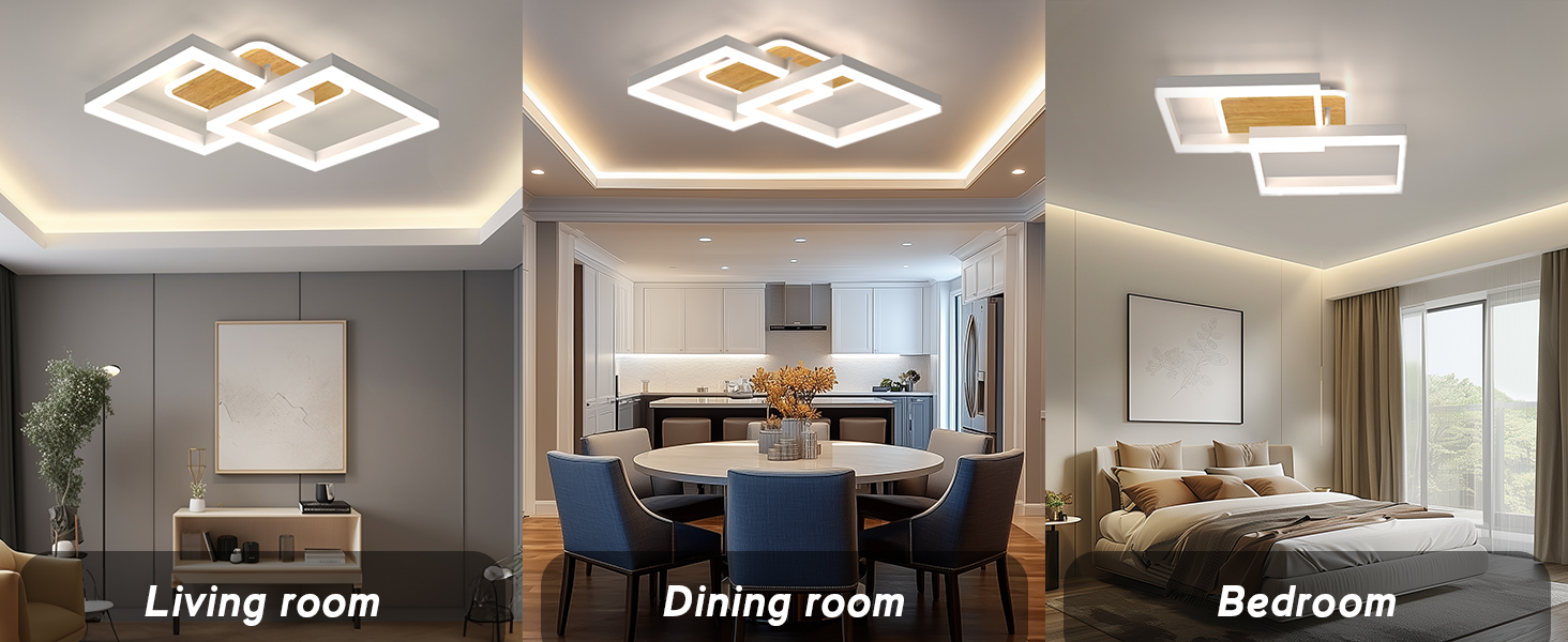 Moderne geometrische LED-Deckenleuchte, dargestellt in drei Raumeinstellungen: Wohnzimmer, Esszimmer und Schlafzimmer, mit weißem Rahmen und goldenen Akzentpaneelen