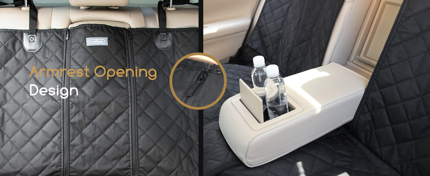 Car backseat organizer with quilted black fabric, featuring a zippered opening and a built-in cup holder or storage compartment.