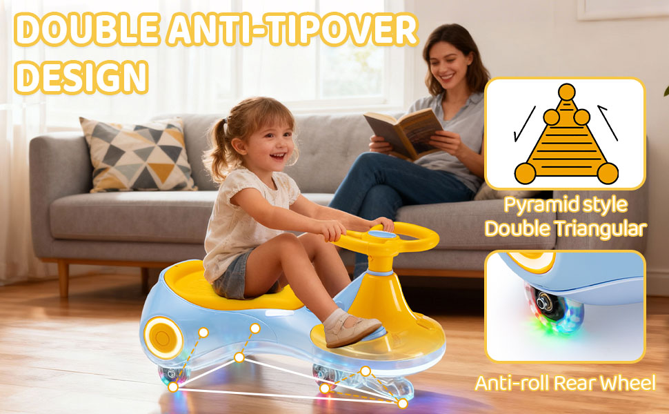 Text reads: 'DOUBLE ANTI-TIPOVER DESIGN'. Product demonstration scene showing yellow ride-on toy with safety features highlighted.