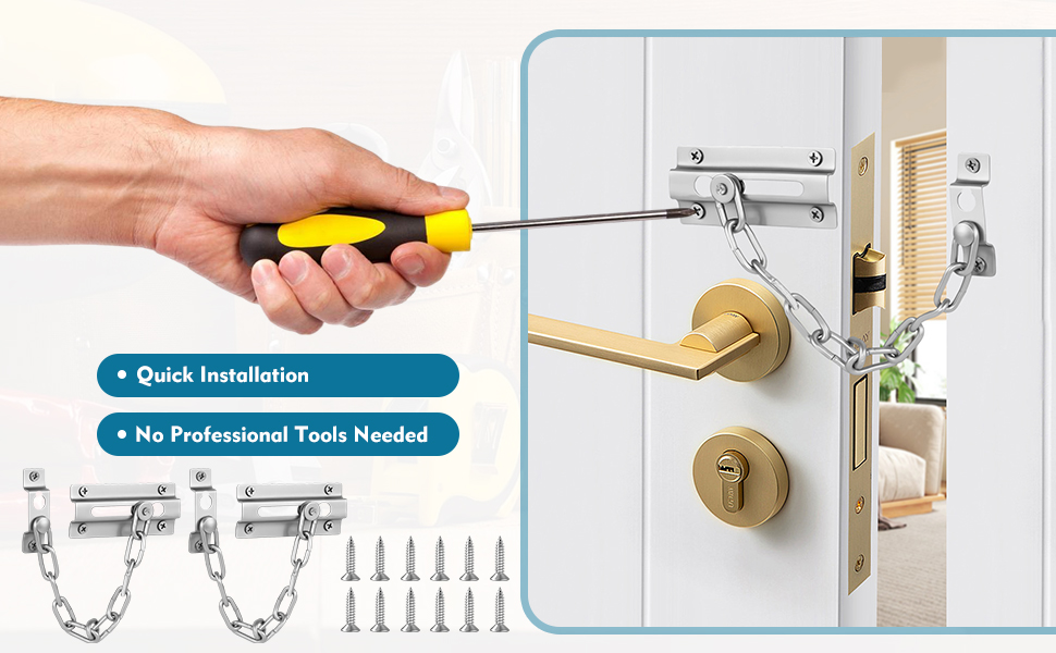 Door security chain with quick installation feature. Metal chain attaches to door frame and door. Includes screws and mounting hardware. Hand demonstrates installation with yellow-handled screwdriver.