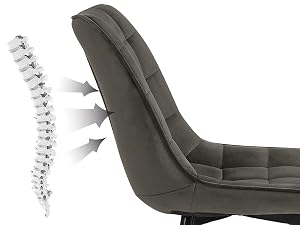 Vista laterale della seduta imbottita della sedia dal design ergonomico, che mostra la grafica dell'allineamento della colonna vertebrale e lo schienale imbottito in materiale grigio scuro