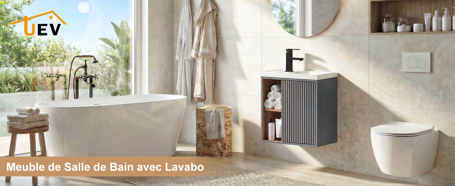 Le texte indique « EV » et « Robinet de Salle de Bain paroi Laiton ». Intérieur de la salle de bain avec lavabo sur colonne blanc, robinet chromé, porte-serviettes blanc et objets décoratifs sur des étagères flottantes au-dessus de l'évier.
