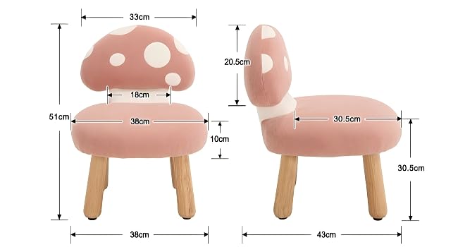 Schéma technique montrant les dimensions d'un tabouret ou d'une chaise rose pour enfant. Plusieurs vues affichent les mesures et les proportions sous différents angles.