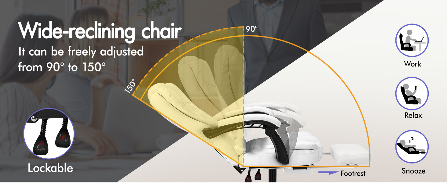 Text reads 'Wide-reclining chair' and 'It can be freely adjusted from 90Đ±Ń to 150Đ±Ń'. Diagram shows chair recline angle adjustment with icons indicating Lockable, Padded, and Armrest features in yellow and black design.