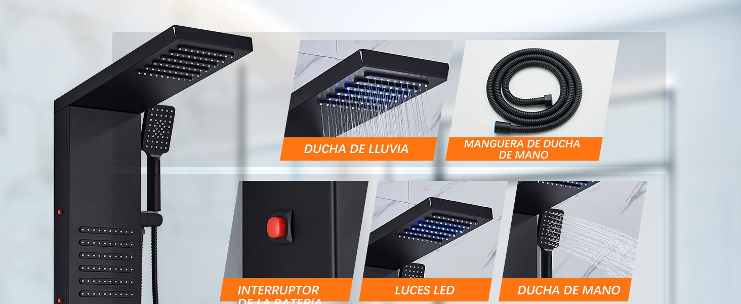 : cabezal de ducha con efecto lluvia elevado, cabezal de ducha portátil, panel de control con botones y manguera flexible. Las etiquetas