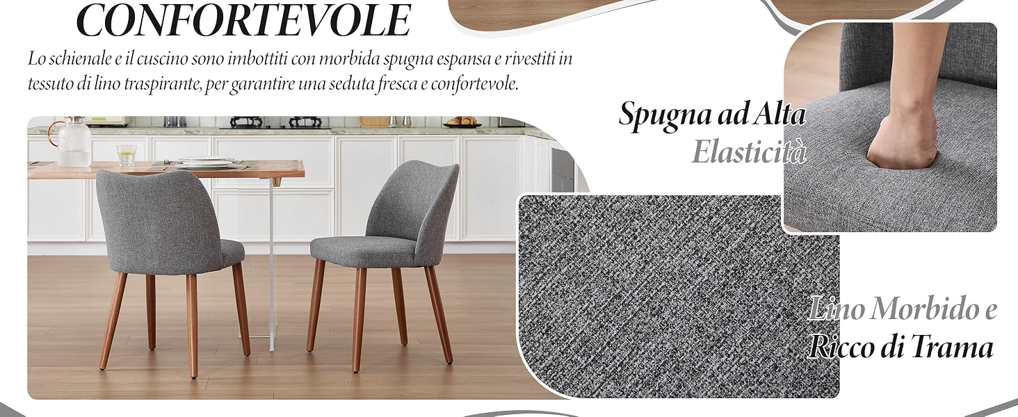 Il testo recita «CONFORTEVOLE». Espositore per mobili che mostra sedie da pranzo moderne in vari stili con sovrapposizioni di testo.