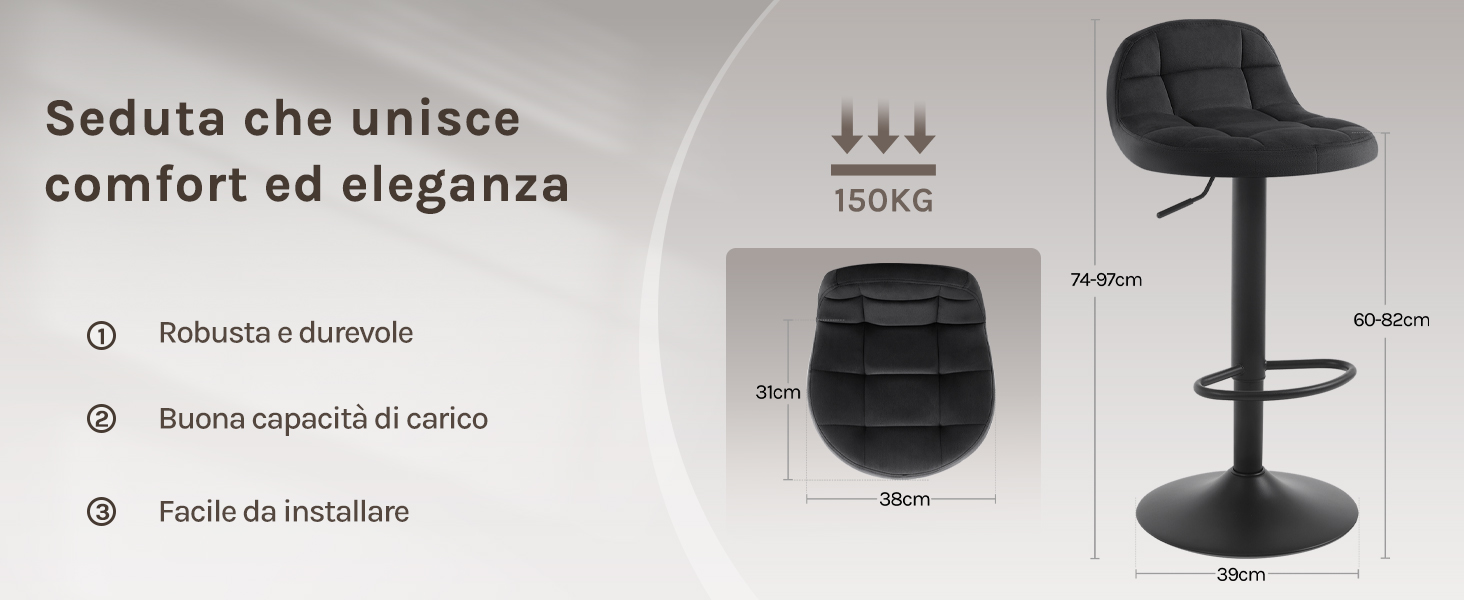 Sgabello da bar regolabile nero con seduta trapuntata. Le caratteristiche del prodotto includono una capacità di peso di 150 kg, un intervallo di altezza di 74-93 cm e una larghezza del sedile di 60-62 cm. Lo sgabello ha una base circolare e un poggiapiedi