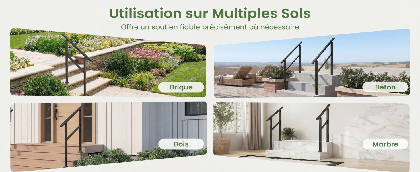 Le texte se lit comme suit : « Utilisation sur Multiples Sols », « offre un soutien fiable précisément là où cela est nécessaire », « Mattina ». Image composite montrant des escaliers de terrasse, des balustrades de patio et des systèmes d'escaliers modulaires dans divers environnements résidentiels extérieurs.