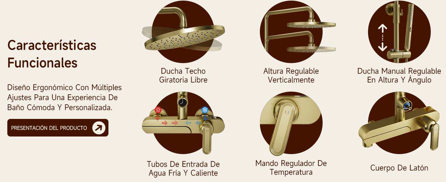 El texto dice «Características Funcionales» con descripciones de las funciones en español. Seis iconos circulares que muestran las funciones del producto, incluidas la composición del material, la impermeabilidad, la durabilidad y las especificaciones de rendimiento en tonos marrones.