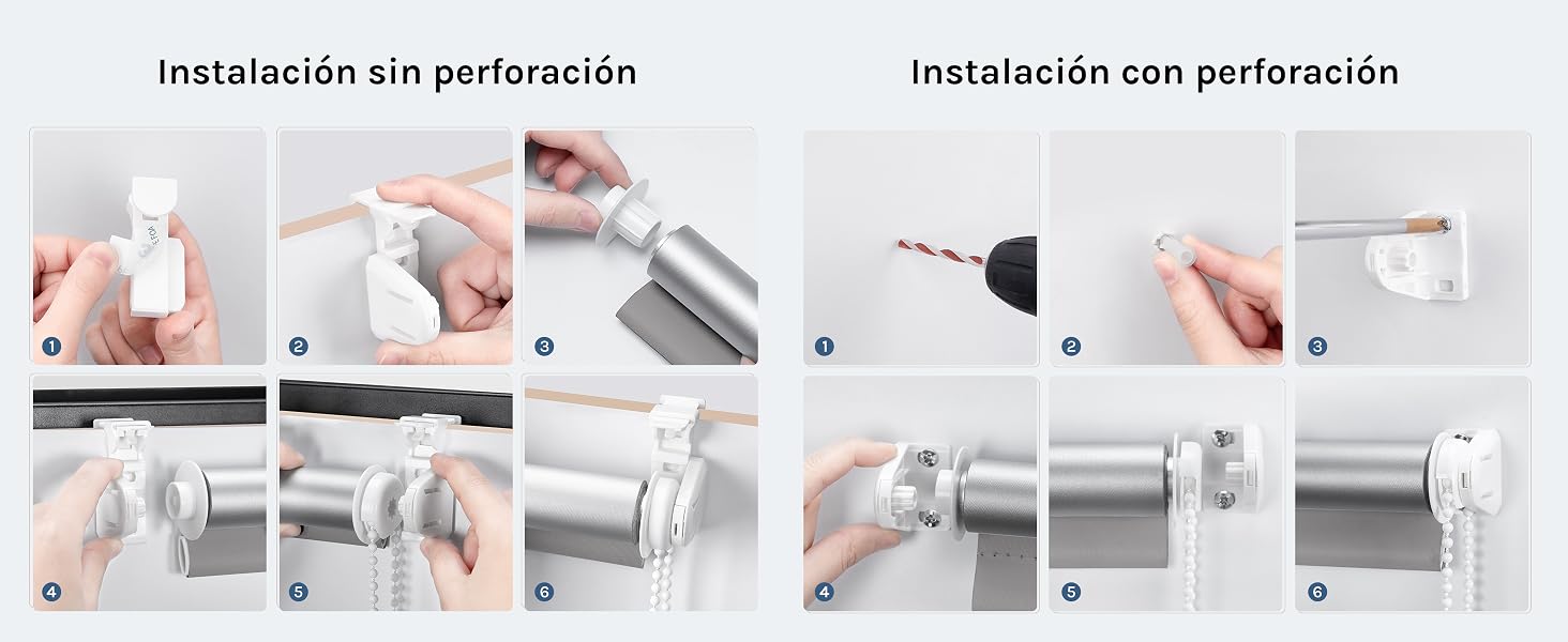 El texto dice «Instalación sin perforación». Guía de instalación que muestra el proceso paso a paso para montar o fijar algo a una superficie sin necesidad de taladrar.
