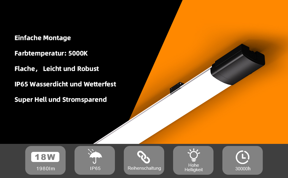 LED-Leuchte mit einer Ausgangsleistung von 18 W, einer Helligkeit von 1980 lm und einer Farbtemperatur von 5000 K. Verfügt über IP65-Wasserbeständigkeit, 30.000 h Lebensdauer und Bewegungssensor. Flaches, leichtes und robustes Design