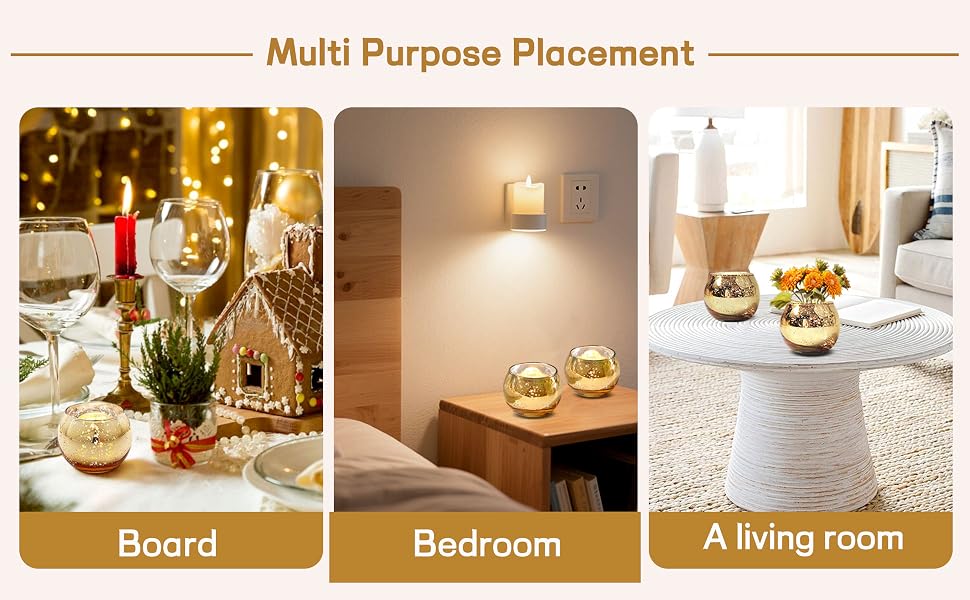 Imagen de varios paneles que muestra candelabros de vidrio dorado en diferentes configuraciones: en una mesa de comedor con copas de vino, en una mesita de noche cerca de una lámpara de pared y en una mesa auxiliar blanca texturizada en una sala de estar.