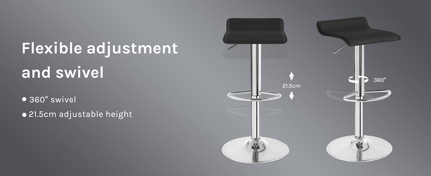 Two adjustable bar stools with black seats and chrome bases. Text describes 360° swivel and 815mm adjustable height features.