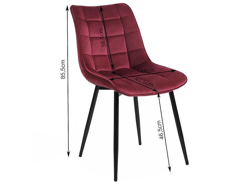 en color burdeos con medidas: 85 cm de altura, 40,5 cm de ancho y 48,5 cm de profundidad. Cuenta con patas de metal negro y tapicería de terciopelo con mechones