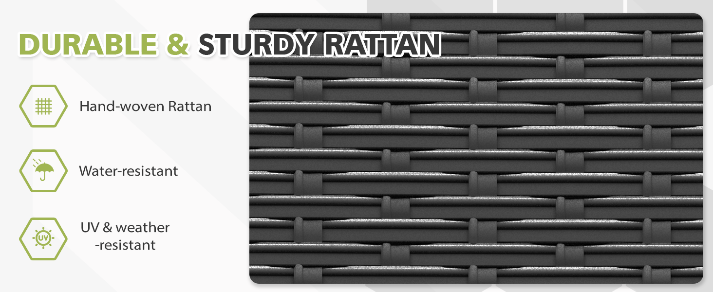 Der Text lautet „STRAPAZIERFÄHIGES UND ROBUSTES RATTAN“. Drei Merkmale sind aufgeführt: „Handgewebtes Rattan“, „Wasserfest“, „UV- und witterungsbeständig“. Zeigt eine Nahaufnahme der gewebten Rattanstruktur.