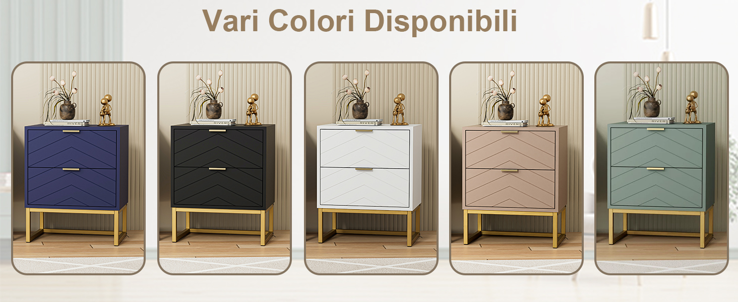 Il testo recita «Vari Colori Disponibili». Sono visualizzate cinque varianti di colore: panche portaoggetti imbottite blu marino, nero, bianco, legno naturale e verde con telai in legno.